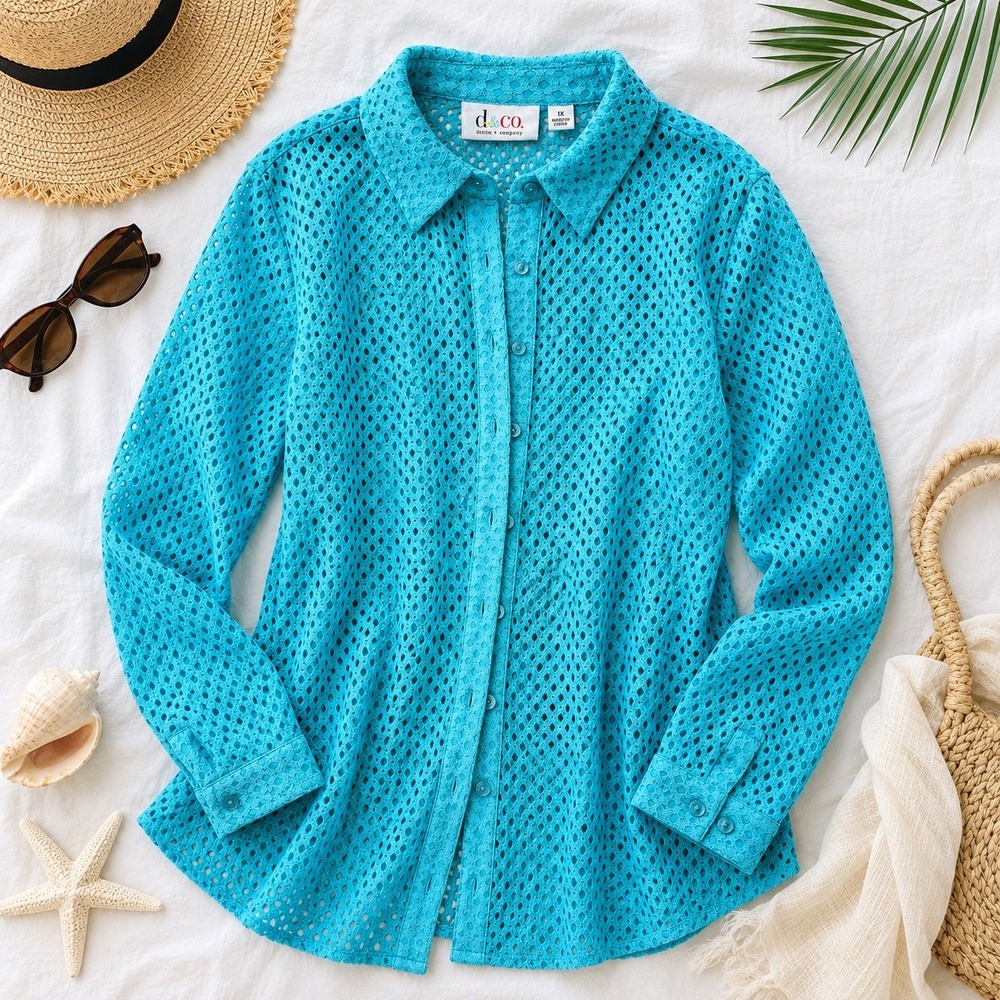 D&Co Denim & Co Aqua Eyelet Mesh Button Front Shirt Jacket Top 1XBeach Cover Up